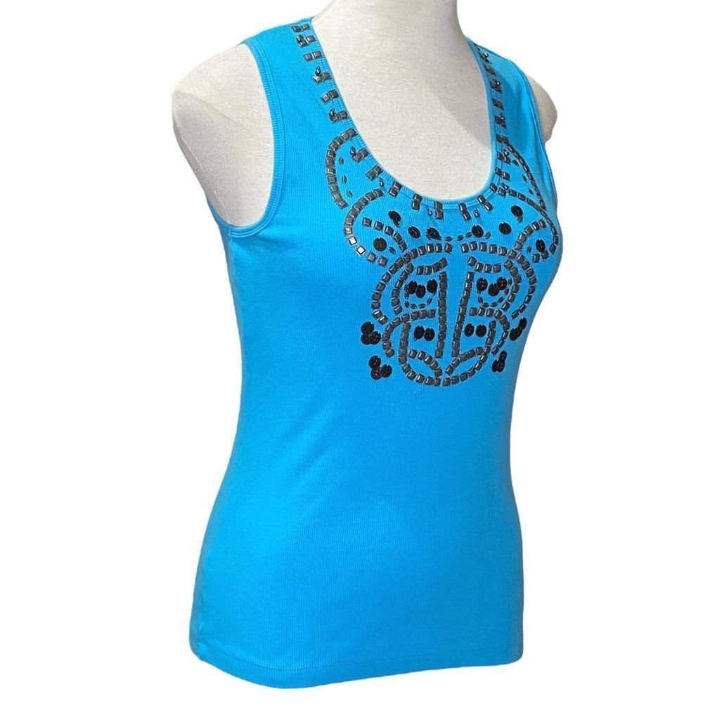 PRETTY  Turquoise Stretch Cotton Tank Top with Gunmetal Embellishment Size XL
